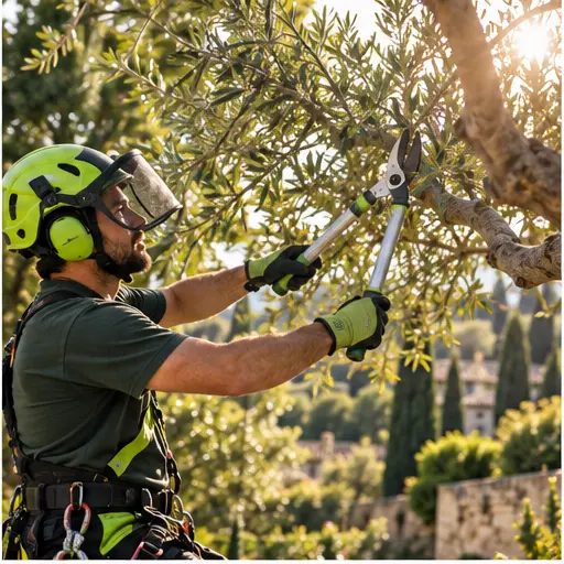Arboriste réalisant un élagage raisonné sur un arbre méditerranéen